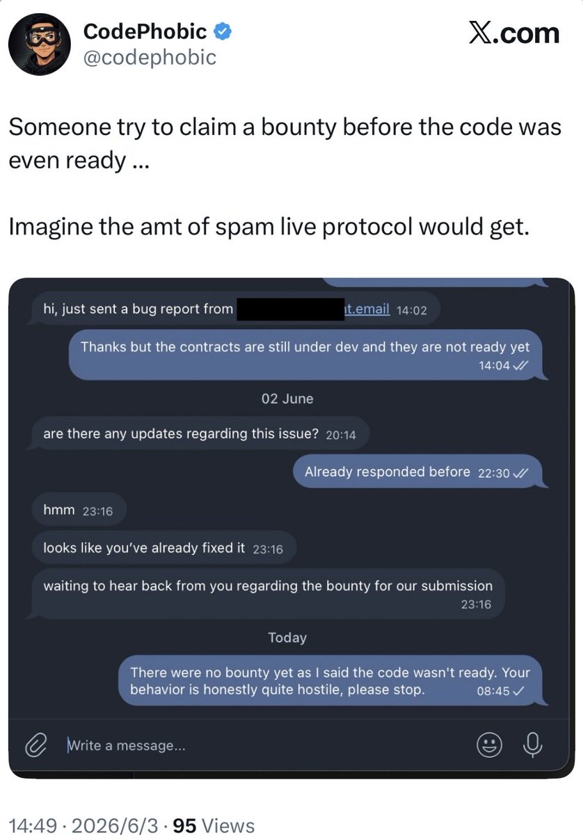 SuplabsYi's tweet photo. If you’re wrong, own it. If you mishandle a responsible disclosure, take your lumps. @codephobic 

I followed USD8’s own security.md, privately submitted a Loss of Funds bug with a working PoC, then watched it get quietly patched with no credit and mocked as spam.

This is exactly how you teach researchers that responsible disclosure is a sucker's game.

I documented the case here:
https://t.co/wePfeHpi6J

cc @openzeppelin @demibrener @holajotola