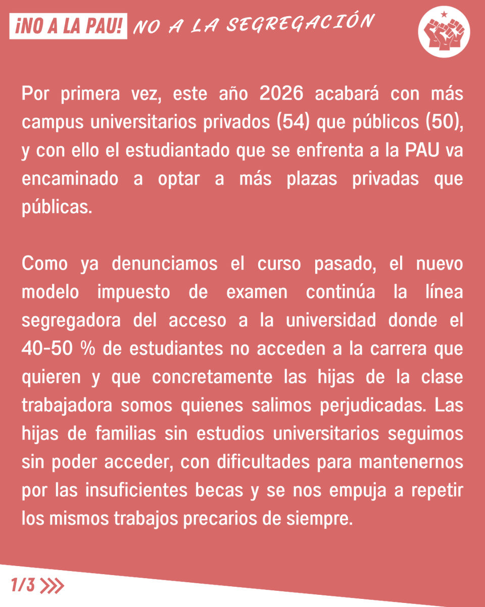 AEPgranada's tweet photo. 📚📣NO A LA SEGREGACIÓN, ¡NO A LA PAU!

Por primera vez, este año 2026 acabará con más campus universitarios privados (54) que públicos (50), y con ello el estudiantado que se enfrenta a la PAU va encaminado a optar a más plazas PRIVADAS que PÚBLICAS ⟩⟩⟩ https://t.co/rdwNBzlQqY
