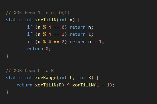 kernelKain's tweet photo. XOR Series Part-6: XOR Pattern for N integers
> XOR Pattern in 1 ^ 2 ^ 3 ^ … ^ n

> The XOR of all integers from 1 to n follows a 4-number repeating pattern:
  - n % 4 = 0, then XOR (1 -> n) = n
  - n % 4 = 1, then XOR (1 -> n) = 1
  - n % 4 = 2, then XOR (1 -> n) = n + 1
  - n % 4 = 3, then XOR (1 -> n) = 0

> Why does it repeat every 4?
  - Look at table below
  - Every 4 numbers, the last two bits repeat (01, 10, 11, 00). 
  - XOR affects bits independently.
  - When you XOR sequentially, these repeated patterns in the least significant bits cause the overall XOR value to reset every 4 steps.

> Used in: Prefix XOR problems, Range XOR queries