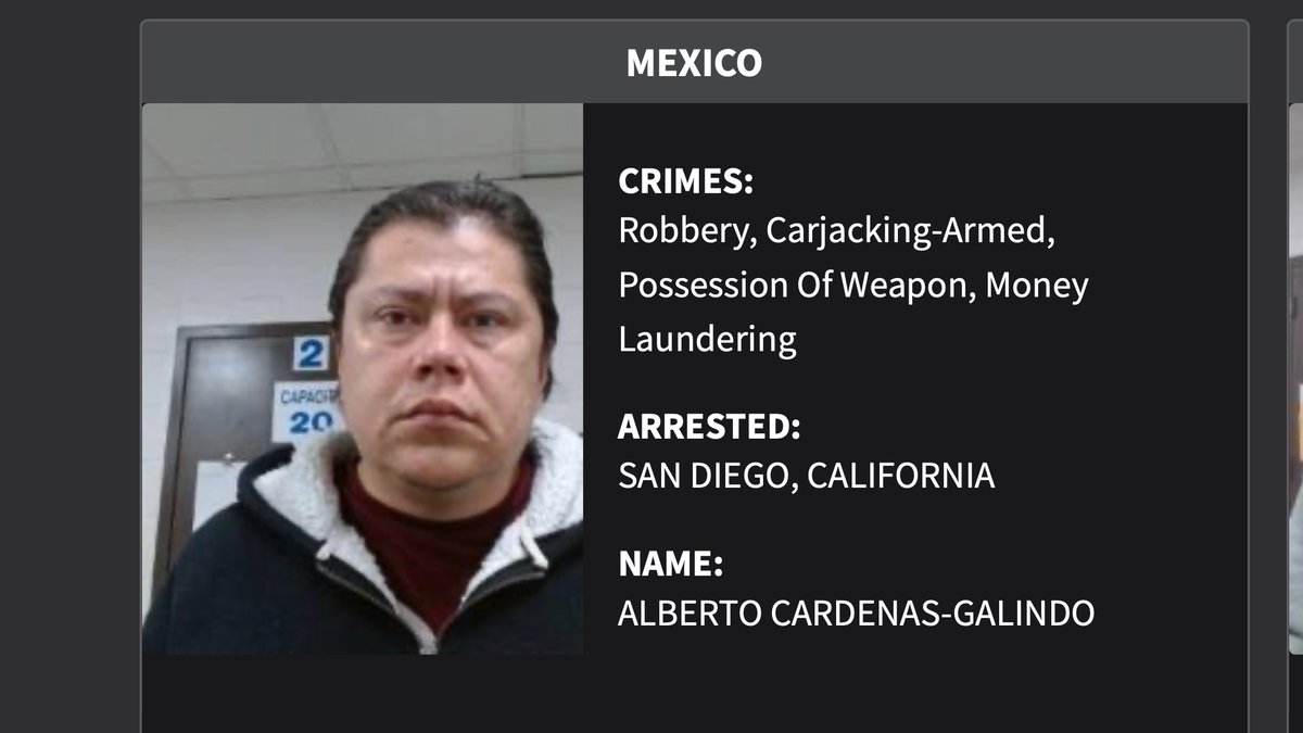 EvaKnott's tweet photo. You can see pictures of 500 foreign criminals arrested in San Diego, California at the WoW website. 

The Worst of the Worst site has 42 pages of persons arrested by ICE in San Diego, plus a short list of their crimes, and their countries of origin are listed.

Alberto Cárdenas Galindo was arrested for armed carjacking, according to the site. https://t.co/uzmoi4Ot2J