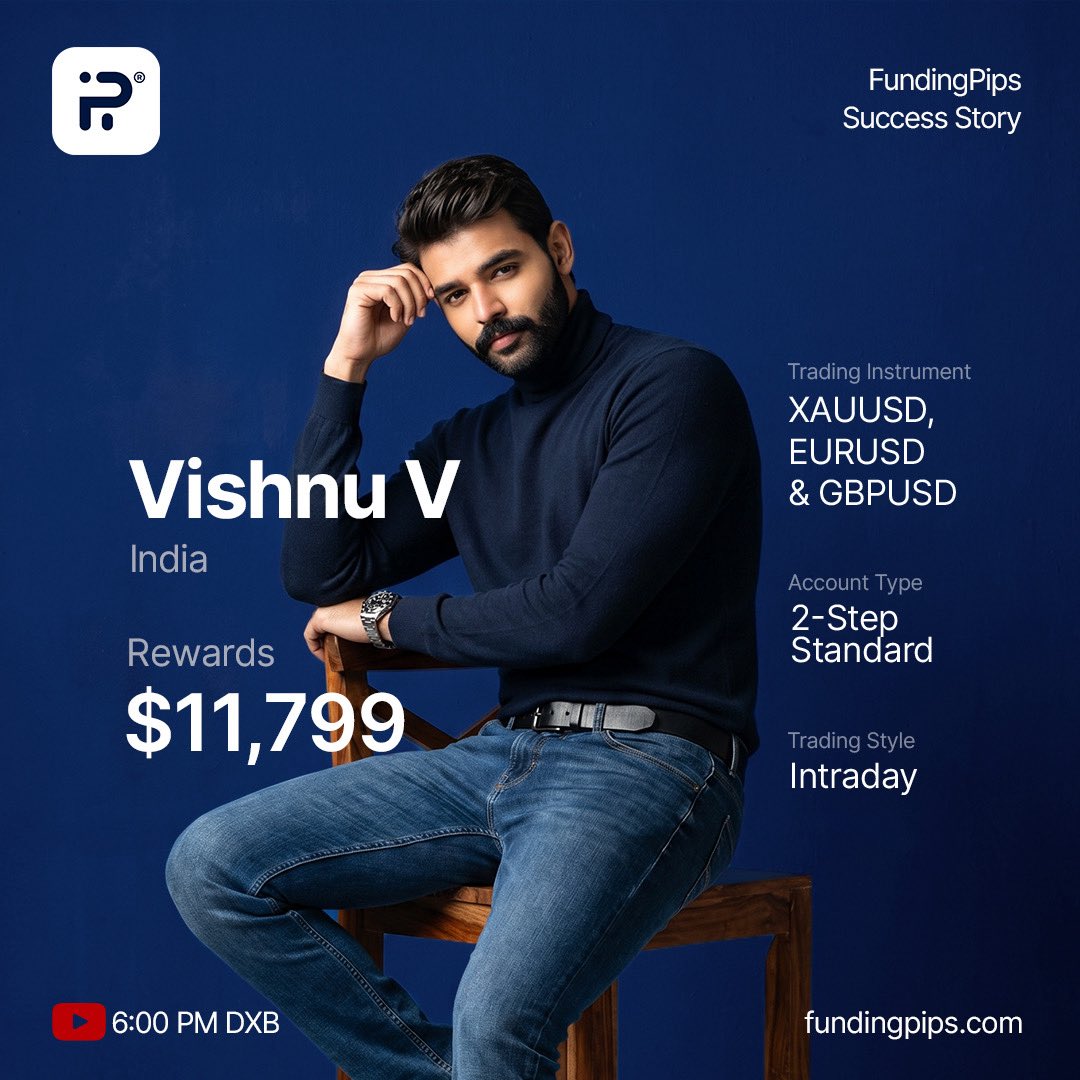 fundingpips's tweet photo. $11,799 in rewards from FundingPips.

Just one year ago, Vishnu was sitting in a room full of profitable traders at the Pro Forex Expo in Dubai, having earned only $120 in rewards.

Looking around, he made himself a promise: “One day, I’ll be sitting in a FundingPips interview sharing my story.”

Today, you can hear his full story on FundingPips YouTube Live Stream at 6 PM Dubai Time.

#newera