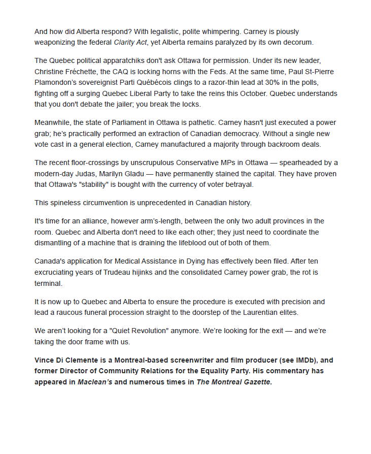 RealEnzo55's tweet photo. The Carney government 🇨🇦 thinks they can micromanage Alberta while walking on eggshells around Quebec City elites. 💸🛑 

Ottawa needs a serious reality check on who actually powers the federation. 

My latest op-ed exposes the double standards. 👇📜

https://t.co/rioo9ARP0W

I may just have doxed myself. Now you know my real name: Vince Di Clemente 🤦‍♂️

@Mark_Carney @ABDanielleSmith @MaximeBernier @cfrechette @JeffreyRWRath @PaulPlamondon @partiquebecois @PierrePoilievre  #cdnpoli #abpoli #polqc