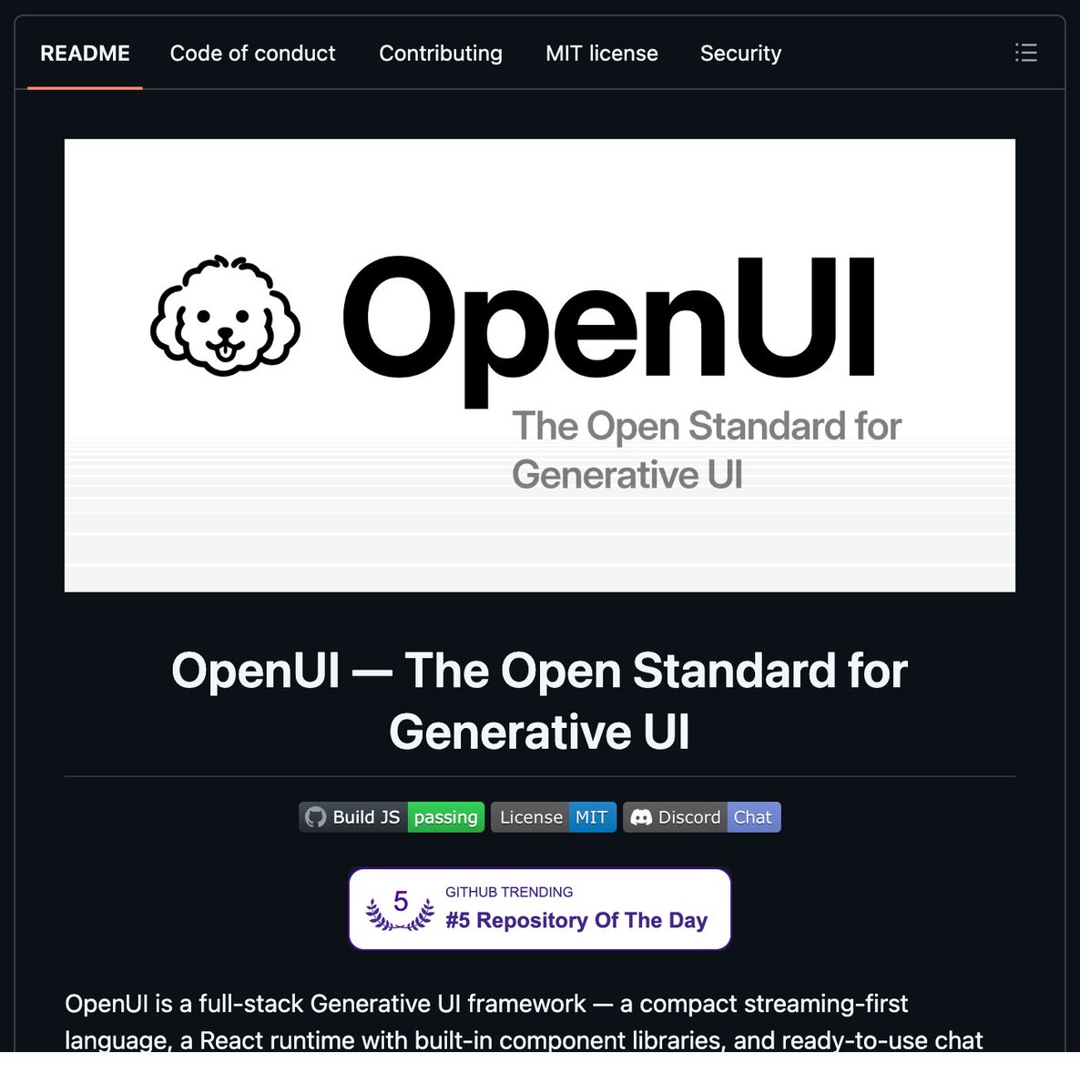itsharmanjot's tweet photo. A startup just dropped a free open-source spec that generates UI components with 67% fewer tokens than JSON.

It's called OpenUI. One protocol. No SDK lock-in. No proprietary runtime. You plug it into any LLM and the model starts shipping clean UI instead of bloated JSON blobs.

Every "AI generates UI" framework before this made you pick one trade-off. Spend the tokens and get rich components. Compress the output and lose half your interactivity. Skip the schema and ship broken renders. OpenUI does all of it inside a single open spec.

Here's what makes it different from every LLM-to-UI pipeline that came before:

→ 67% token reduction vs JSON for the exact same rendered component, which means your bills drop by two-thirds on every UI generation call
→ Model-agnostic, works with Claude, GPT, Gemini, DeepSeek, Llama, anything that can output structured text
→ Component-first instead of element-first so the LLM thinks in buttons, cards, and forms instead of nested div soup
→ Streamable by design, components render as the tokens arrive instead of waiting for the full response
→ Framework-neutral output that compiles to React, Vue, Svelte, or plain HTML without rewriting the prompt
→ Built-in primitives for forms, charts, tables, modals, and dashboards so you stop reinventing the same 40 components every project
→ Type-safe schema that catches malformed LLM output before it ever hits the renderer
→ Zero runtime dependency, the spec is just text the model already knows how to produce

Killed: $200/mo "AI UI builder" SaaS, every prompt-to-React wrapper sitting on top of a bloated JSON schema, the 4000-token system prompts trying to teach GPT what a button is.

Works with every major LLM provider. No API key lock-in. No vendor.

MIT License. 100% Opensource.