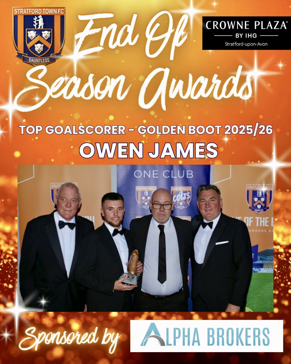 StratfordTownFC's tweet photo. Congratulations to Owen James who was last season’s top goal scorer and picked up the Golden Boot Award. Thank you Darren Davies of Alpha Commercial Brokers Ltd for sponsoring the award. 🔵🟠🏆🟠🔵 #Bards #Goals https://t.co/ZhSWhaB4v2