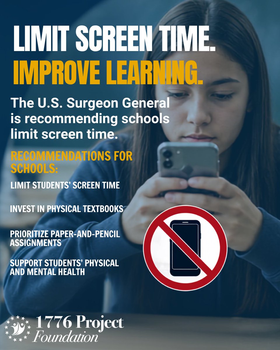 1776_Foundation's tweet photo. More leaders are recognizing what parents and teachers have been saying for years: too much screen time is hurting student focus and learning.

Schools should prioritize physical textbooks and paper-and-pencil assignments to restore focus and academic excellence. https://t.co/NMCqsPho06