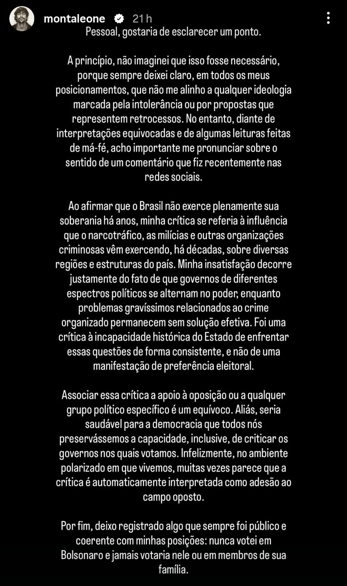 GiuliMedrado's tweet photo. Após criticar nota do governo Lula sobre a classificação do PCC e CV como organizações terroristas, o ator Bruno Montaleone postou em seu instagram que o fato dele criticar o governo Lula não quer dizer que ele esteja em lado oposto. Ele afirmou que jamais votou ou votará em qualquer pessoa da família Bolsonaro.