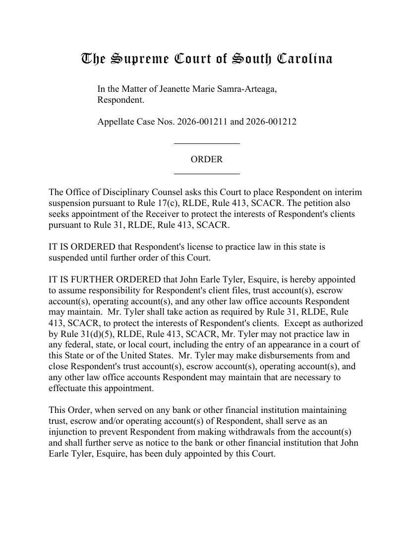 SCSupremeCourt's tweet photo. Order: 2026-06-03-01: In the Matter of Jeanette Marie Samra-Arteaga, Respondent. https://t.co/NXvbJsfjYh https://t.co/wpIQq53tph