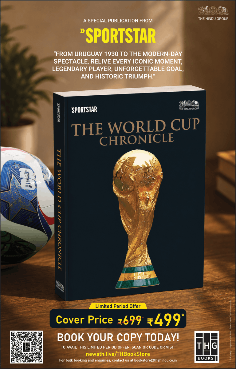 sportstarweb's tweet photo. '𝐓𝐡𝐞 𝐖𝐨𝐫𝐥𝐝 𝐂𝐮𝐩 𝐂𝐡𝐫𝐨𝐧𝐢𝐜𝐥𝐞'

As the football world cup returns this month, Sportstar brings out its latest book!

From Uruguay 1930 to the modern-day spectacle, relive every iconic moment, read about the legendary players, revisit the unforgettable goals and more.

🔗 Tap the link to make this special book yours: https://t.co/b7Ht75kiEs