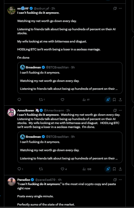 Joonago_'s tweet photo. "I CANT FUCKING DO IT ANYMORE" is being spammed all across CT

Biggest crypto copy and paste in a long time.

How is this not running? Perfectly sums up the market, "I cant fuckin do it anymore"

https://t.co/Sm6cuEd89v

https://t.co/khrYndqXHG

OG post 200k views: https://t.co/Tp4yeH1j44