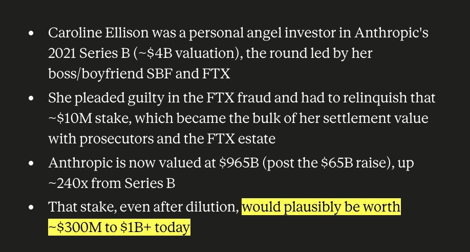0xLoris's tweet photo. everyone talks about the FTX stake in anthropic but nobody talks about the angel checks from Caroline and Nishad

Caroline's $10m stake in 2021 Anthropic Series B would be worth $300m - $1b+ today

down dynastically bad https://t.co/eYJziAl3vZ