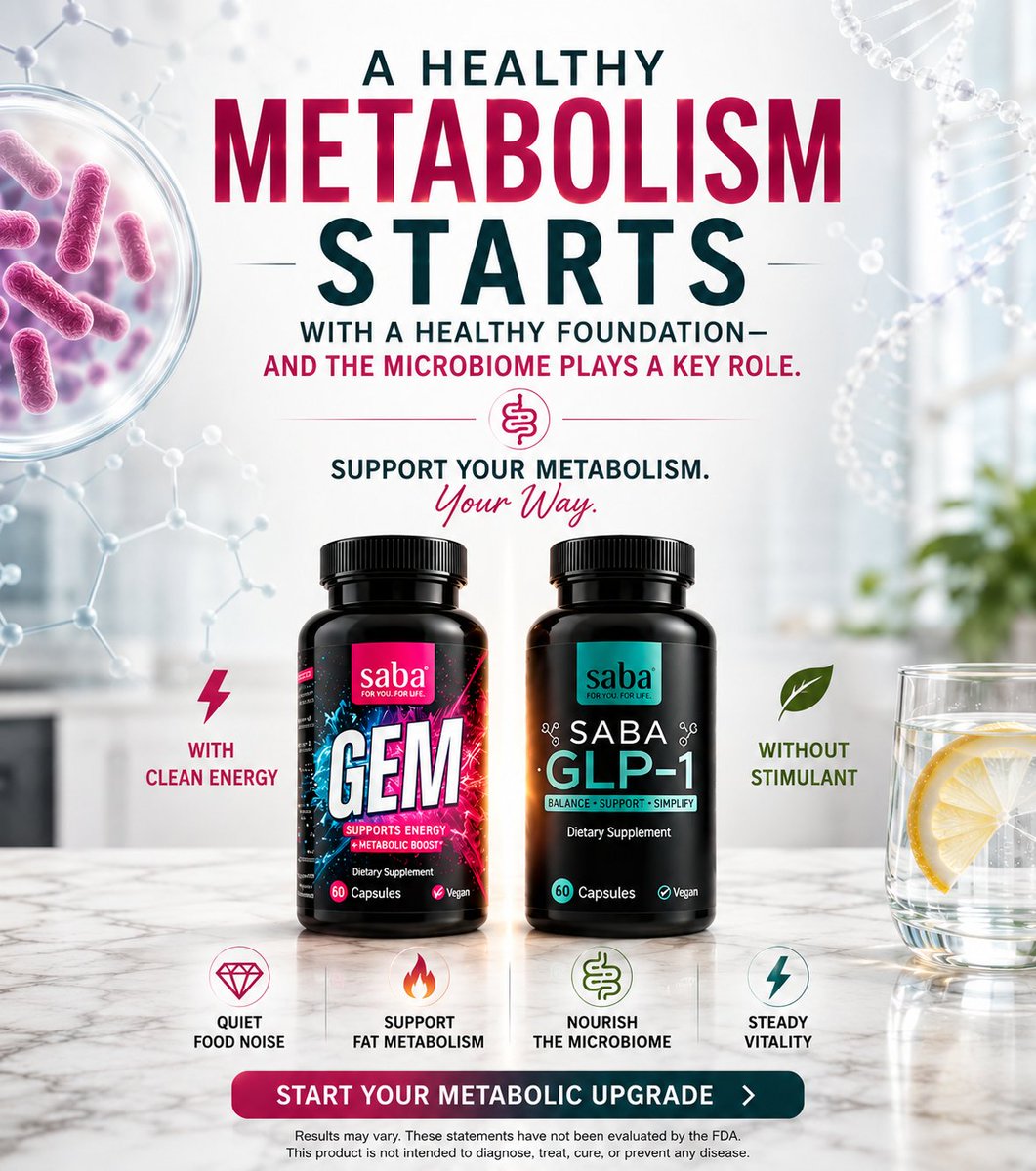 OfficialSaba's tweet photo. 🧠✨ A Healthy Metabolism Starts with a Healthy Foundation — And the Microbiome Plays a Key Role
Your body was never designed to battle cravings, food noise, low energy, or a sluggish metabolism.
It was designed to communicate, adapt, and thrive.
Support the microbiome-metabolism connection with the Saba Metabolic Intelligence System™.
Choose your path:
⚡ Saba GEM™ Spark — with clean energy support
🌿 Saba GEM™ Essential Balance— stimulant-free support
Either way, you're supporting the foundation of metabolic wellness.
💎 Quiet the food noise
🔥 Support healthy fat metabolism
🌿 Nourish your microbiome
⚖️ Promote metabolic balance
⚡ Experience steady vitality
✨ Support your body during and beyond your GLP-1 journey.
Ready to activate your Metabolic Intelligence?
Contact a Saba Promoter today or visit https://t.co/XddVjzvEVz.
#SabaGEM #SabaGLP1 #MetabolicIntelligence #MicrobiomeHealth #GutHealth #HealthyMetabolism #WeightManagement #WellnessJourney
Disclaimer: Results may vary. These statements have not been evaluated by the FDA. This product is not intended to diagnose, treat, cure, or prevent any disease. Healthy weight management requires proper nutrition, exercise, and lifestyle habits.