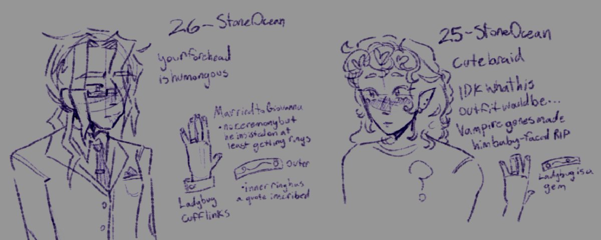 circuskcarnival's tweet photo. idk how people do timeskip designs i have no ideas. they're both aro btw the marriage was mostly for the sake of passione even though no one would target giorno too scary eeek . mista was very disappointed there wasn't any ceremony. just signing papers and getting rings #boring https://t.co/rsesZguF9j
