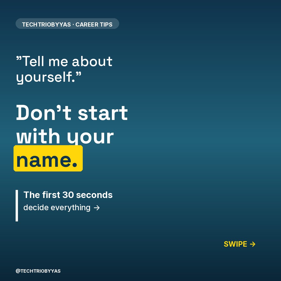 TechtriobyYAS's tweet photo. Recruiters decide in 90 seconds. ⏱️

Don't waste them.

Use the P-P-F formula for your 
intro:
→ Present role
→ Past wins (with numbers)
→ Future fit (why this job)

That's it. That's the tweet.

#CareerGrowth #InterviewPrep 
#TechCareers #JobInterview #Hiring https://t.co/XAWrtMOQsI