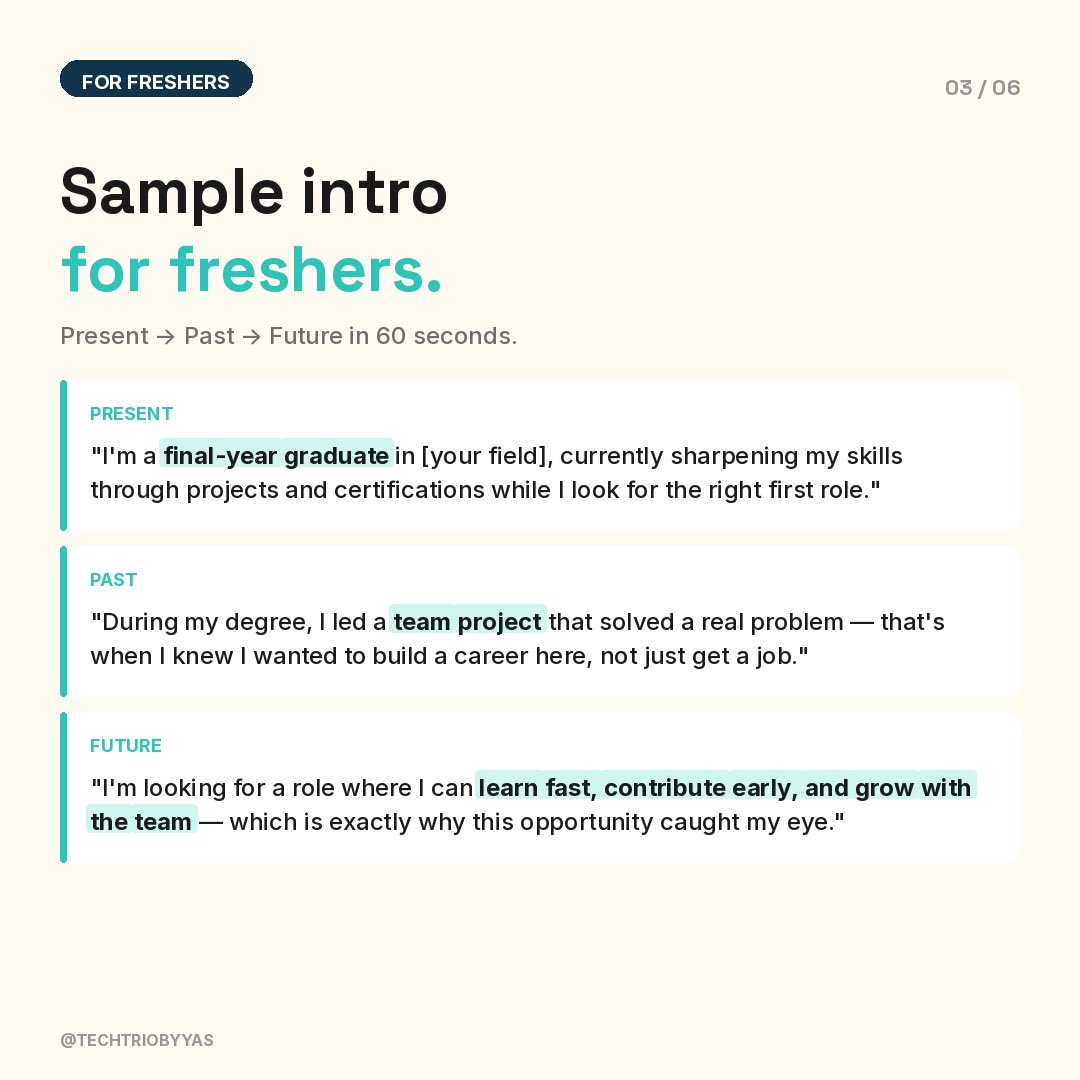 TechtriobyYAS's tweet photo. Recruiters decide in 90 seconds. ⏱️

Don't waste them.

Use the P-P-F formula for your 
intro:
→ Present role
→ Past wins (with numbers)
→ Future fit (why this job)

That's it. That's the tweet.

#CareerGrowth #InterviewPrep 
#TechCareers #JobInterview #Hiring https://t.co/XAWrtMOQsI