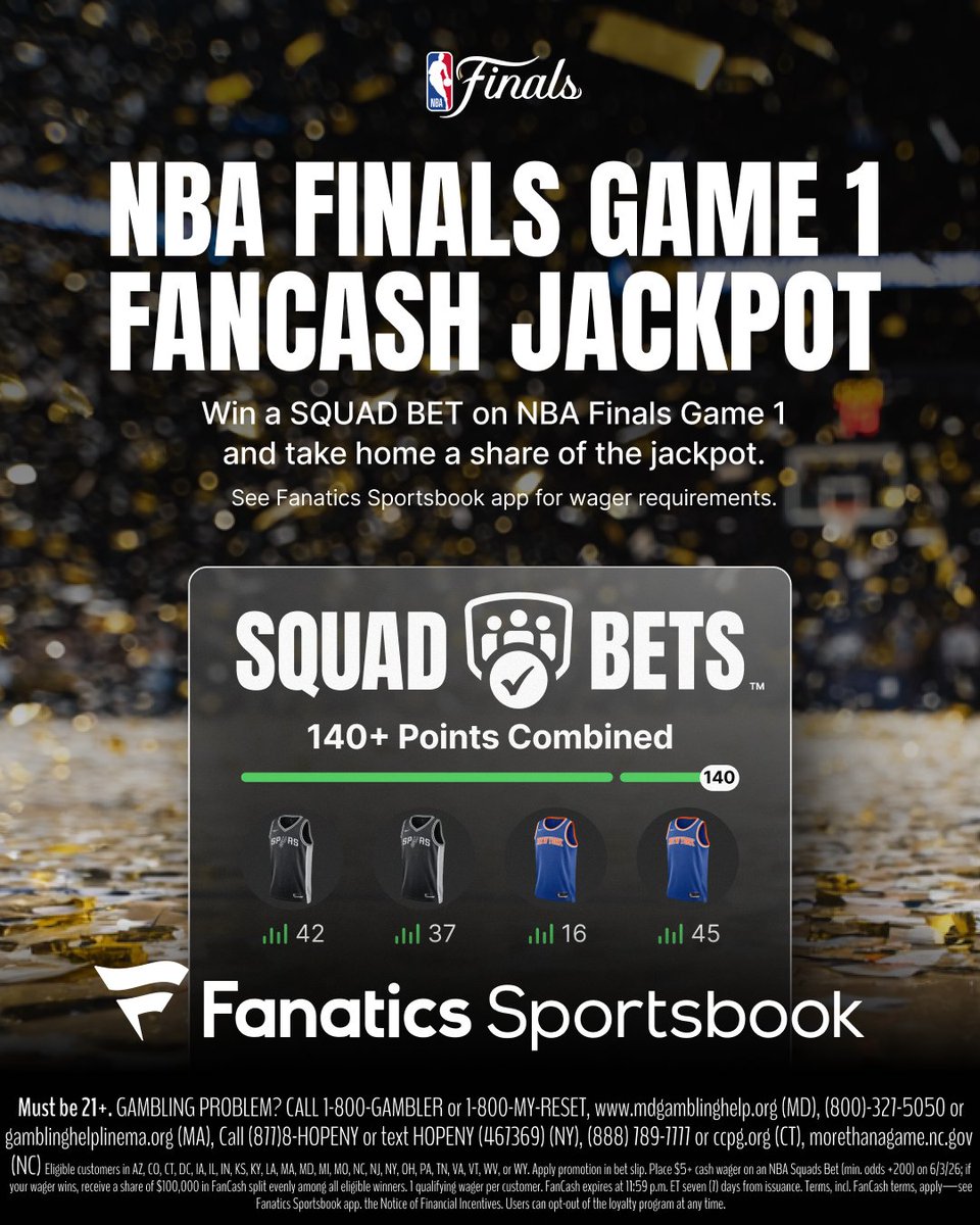 NBA's tweet photo. Game 1 of the NBA Finals is almost here! 🏆

If you place a Squad Bet on @fanaticsbook and win, you’ll win a share of FanCash from the Jackpot.

See Fanatics Sportsbook app for wager requirements.

https://t.co/jMQrNxc40T https://t.co/D4bgQ3rNtX