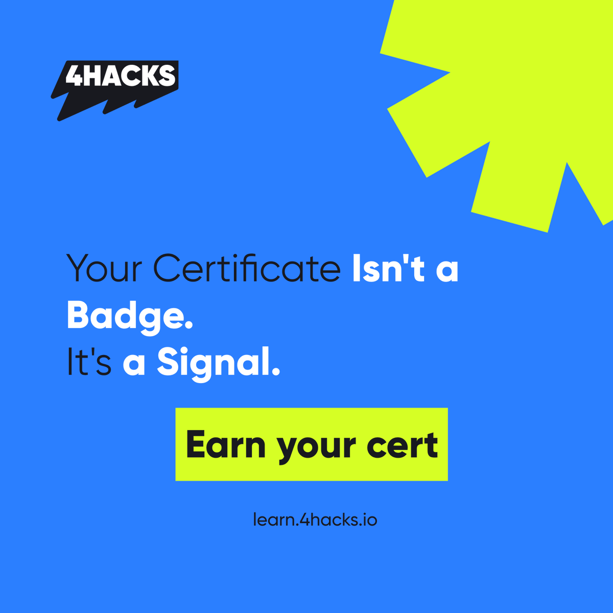 4Hacks_io's tweet photo. Your 4Hacks Learn certification doesn't just look good.

It signals:
✅ You built real projects — not just watched videos
✅ You passed real assessments
✅ Organizers on the platform can see it when you apply

This is not a participation badge. https://t.co/dIex6e2Aqr
