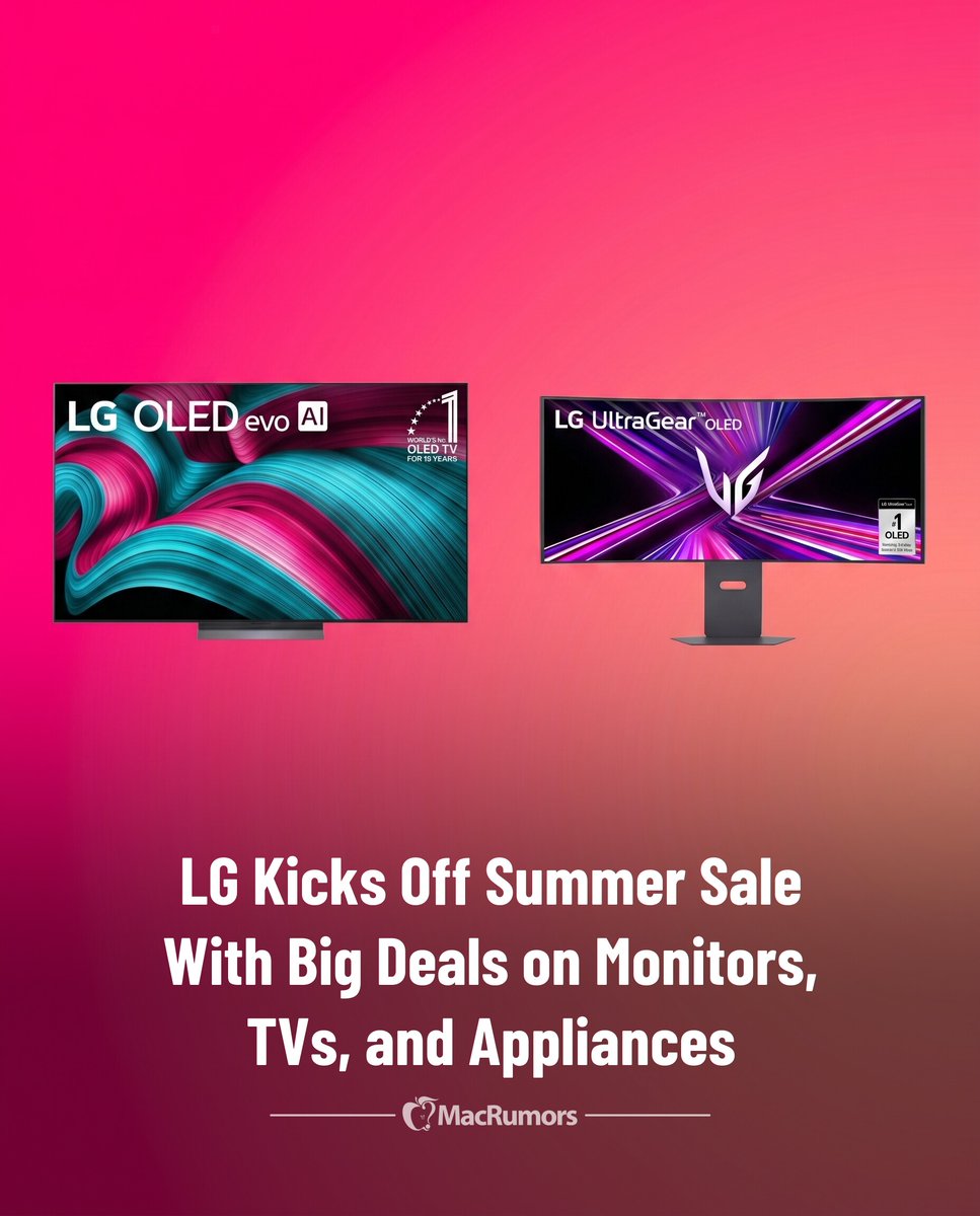 MacRumors's tweet photo. LG Kicks Off Summer Sale With Big Deals on Monitors, TVs, and Appliances https://t.co/2oJXvOYWL3 https://t.co/9aajeTSIdf