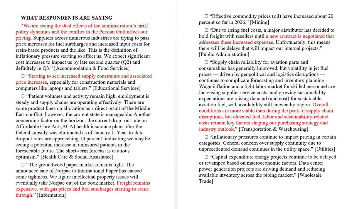 NickTimiraos's tweet photo. Across the 10 responses included from this month's ISM survey of service-industry purchasing managers (the people who buy things on behalf of businesses), the dominant theme is rising costs, driven by fuel and energy prices, tariffs, and AI-related demand.

No respondent reports prices easing or falling. A few comments focus more on supply tightness than on prices directly, but none point in a disinflationary direction.