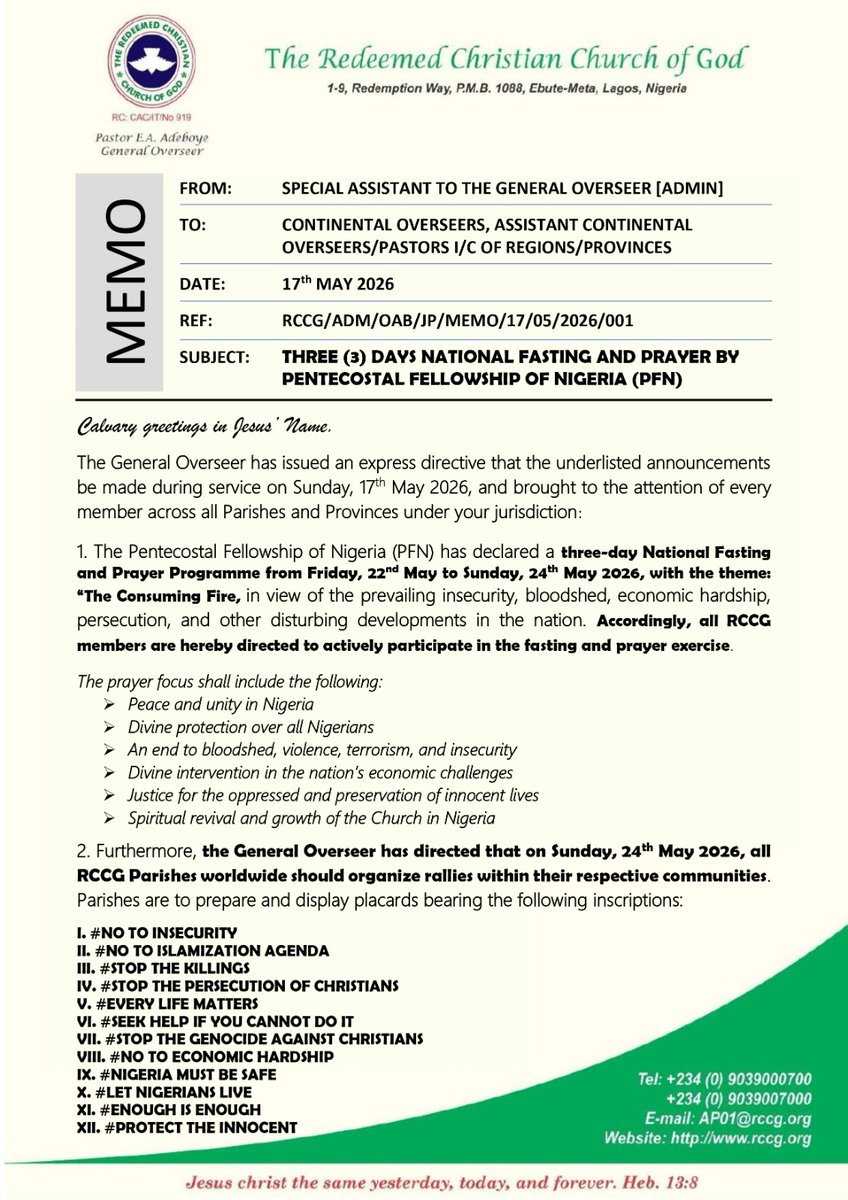 GENIUSWALEX's tweet photo. @jon_d_doe @jon_d_doe  You dare not ask a man of God old enough to be your father such a demeaning question. Staging a protest isn't the issue but RCCG is also under authority. This memo was published on the 17th and on the 21st of May another communiqué was issued by PFN instructing that https://t.co/3xWTDRjYGz