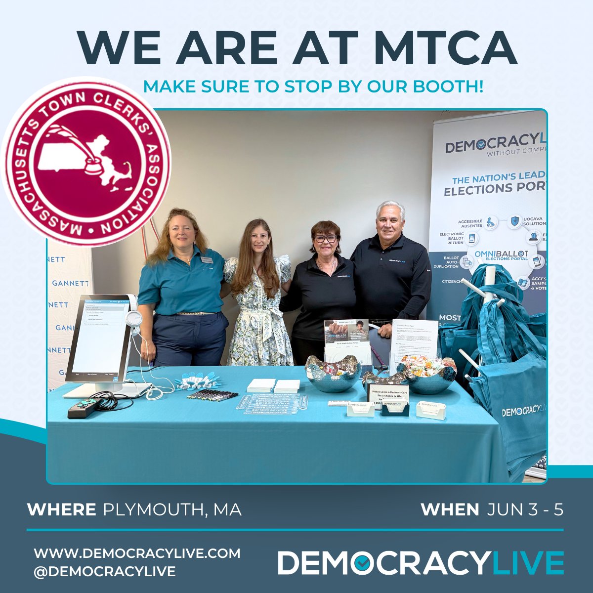 Democracylive's tweet photo. Good morning from the Massachusetts Town Clerks Association Summer Conference! Make sure to stop by our booth to chat with our wonderful team and learn more about our Omniballot Tablet! #MTCA2026 #DemocracyLive https://t.co/dEMDyyQRVI