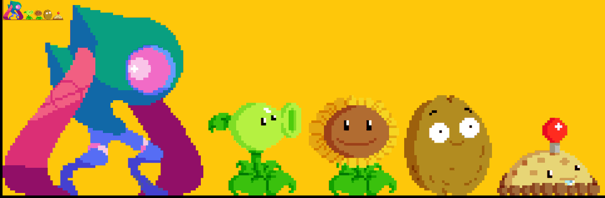 CrashyBomb's tweet photo. Peashooter resprited in the style of Arcus Chroma plus other PVZ plants like Sunflower, Wall-nut, and Potato Mine in that style as well.

Just like the Spongebob one, thought I'd try spriting other PVZ plants in the style, too. https://t.co/n09z3ge7u8