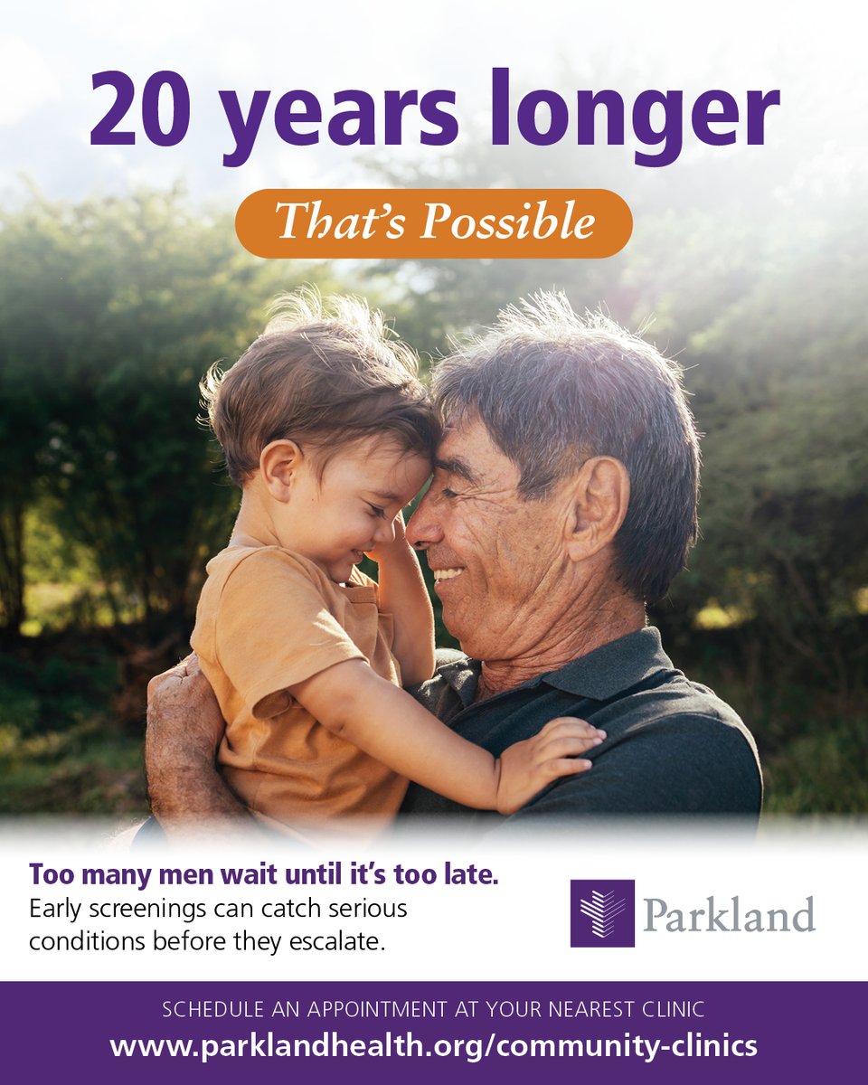 Parkland's tweet photo. Guys, this is your sign to schedule that check-up.
In some Dallas County ZIP codes, men are living up to 20 years less than men in other areas. Regular check-ups can help catch problems before they become serious.
Find a Parkland community clinic near you: https://t.co/DjJwUbsqRw https://t.co/6UleWRNu4c