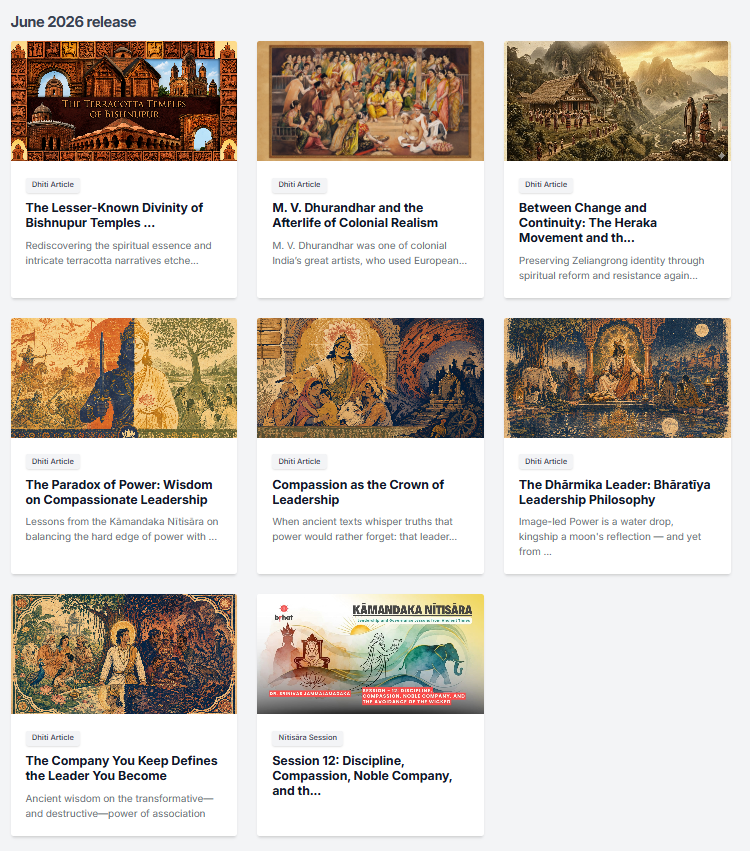 brhat_in's tweet photo. We are delighted to present our monthly subscribers' package for June 2026.

With featured reads, art essays and the Nītisāra series on Indic leadership, this month brings together the lesser known temples of Bishnupur, a forgotten artist and his rare works depicting our gods and rituals, and the civilizational Heraka movement of the north-east.

https://t.co/tBgfXH5IAo