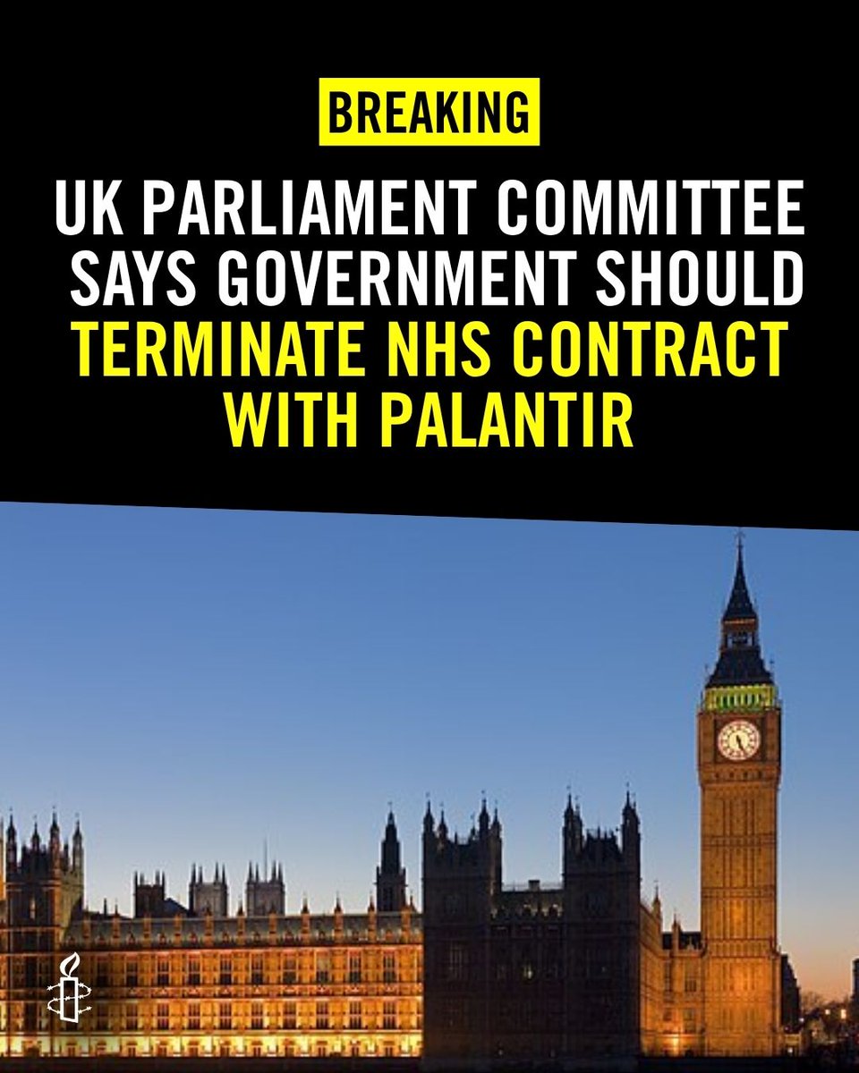 AmnestyUK's tweet photo. The cross-party House of Commons Science, Innovation and Technology Committee has concluded the government should terminate NHS England's contract with Palantir - citing the company "supporting highly controversial policies and activities."
 
Palantir has been supplying software to the Israeli military and intelligence services that contribute to Israel’s ongoing genocide, apartheid, and illegal occupation in Gaza.
 
A company profiting from such grave human rights abuses should have no role in our health system or wider public sector.