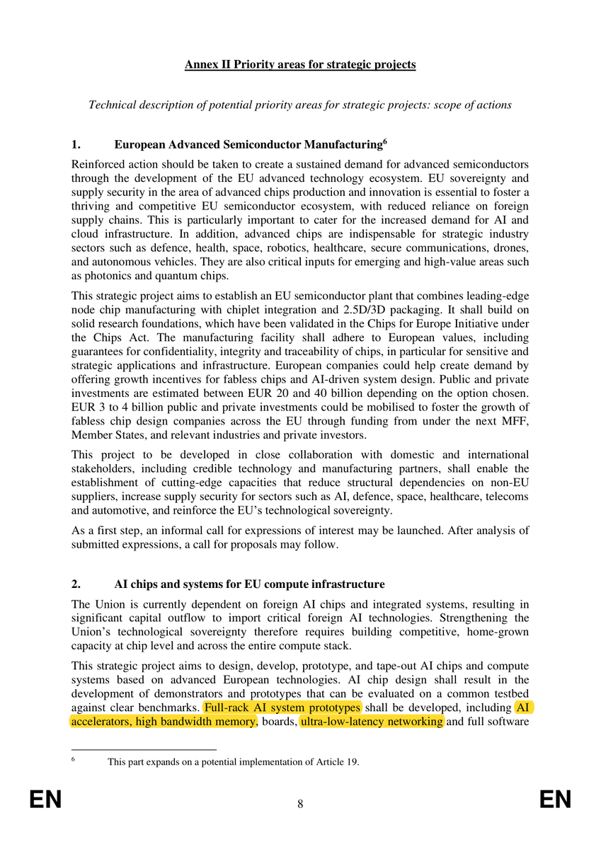 JonkooTrades's tweet photo. Europe doesn't want its own chip - it wants its own RACK. 

The strategic plan calls for full-rack AI system prototypes: accelerators + high-bandwidth memory + boards + ultra-low-latency networking + full software stack, benchmarked on a neutral EU testbed.

That's the EU openly copying the Nvidia rack-scale model, where the unit of competition is the system, not the die. 
Pair it with the separate €8–12B leading-edge design push (RISC-V, ASICs, AI accelerators) and the intent is clear: capture value in design + integration, not just fab. 
$NVDA $AMD