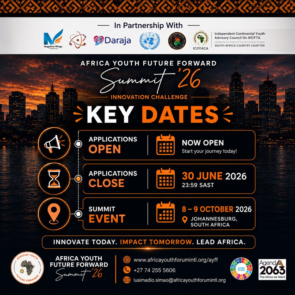 ICOYACA_SA's tweet photo. ⏳ 3.5 weeks left!

Africa Youth Future Forward Innovation Challenge by ICOYACA South Africa is open for 18–35 innovators with a prototype, MVP or validated idea.

🏆 Win R20 000 + mentorship + investor access + summit pitching.

Apply: https://t.co/3qwUrCG75L
Deadline: 30 June https://t.co/0QH4YYfl26
