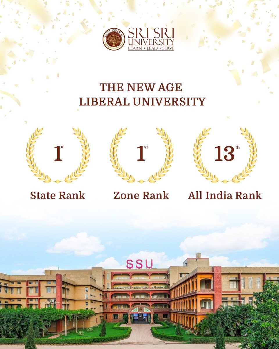 SriSriU's tweet photo. Big news for the SSU family 🎉

Sri Sri University shines bright in the IIRF India University Rankings 2026, with standout achievements that reinforce its leadership in holistic and interdisciplinary education.

✨ Top Highlights First
• 🏆 Recognized as a State and Zone leader in the New Age Liberal University category
• 🌟 Strong performance as a top-tier New Age Private University
• 🎓 Faculty of Management Studies recognized among the leading private B-Schools in the state

✨ National Recognition
• Placed among the top-performing new-age private universities in India
• Faculty of Management Studies acknowledged across multiple national B-School categories

These recognitions reflect the collective dedication of our students, faculty, and leadership in building a future-ready, value-based learning ecosystem 🌱

#SriSriUniversity #IIRF2026 #UniversityRankings #SSUAchievements #AcademicExcellence #HolisticEducation #TopUniversityIndia #HigherEducationIndia #BSchoolExcellence #FutureReadyEducation #ValueBasedEducation #SSUPride#SriSriUniversity #IIRF2026 #UniversityRankings #SSUAchievements #AcademicExcellence #HolisticEducation #TopUniversityIndia #HigherEducationIndia #BSchoolExcellence #FutureReadyEducation #ValueBasedEducation #SSUPride