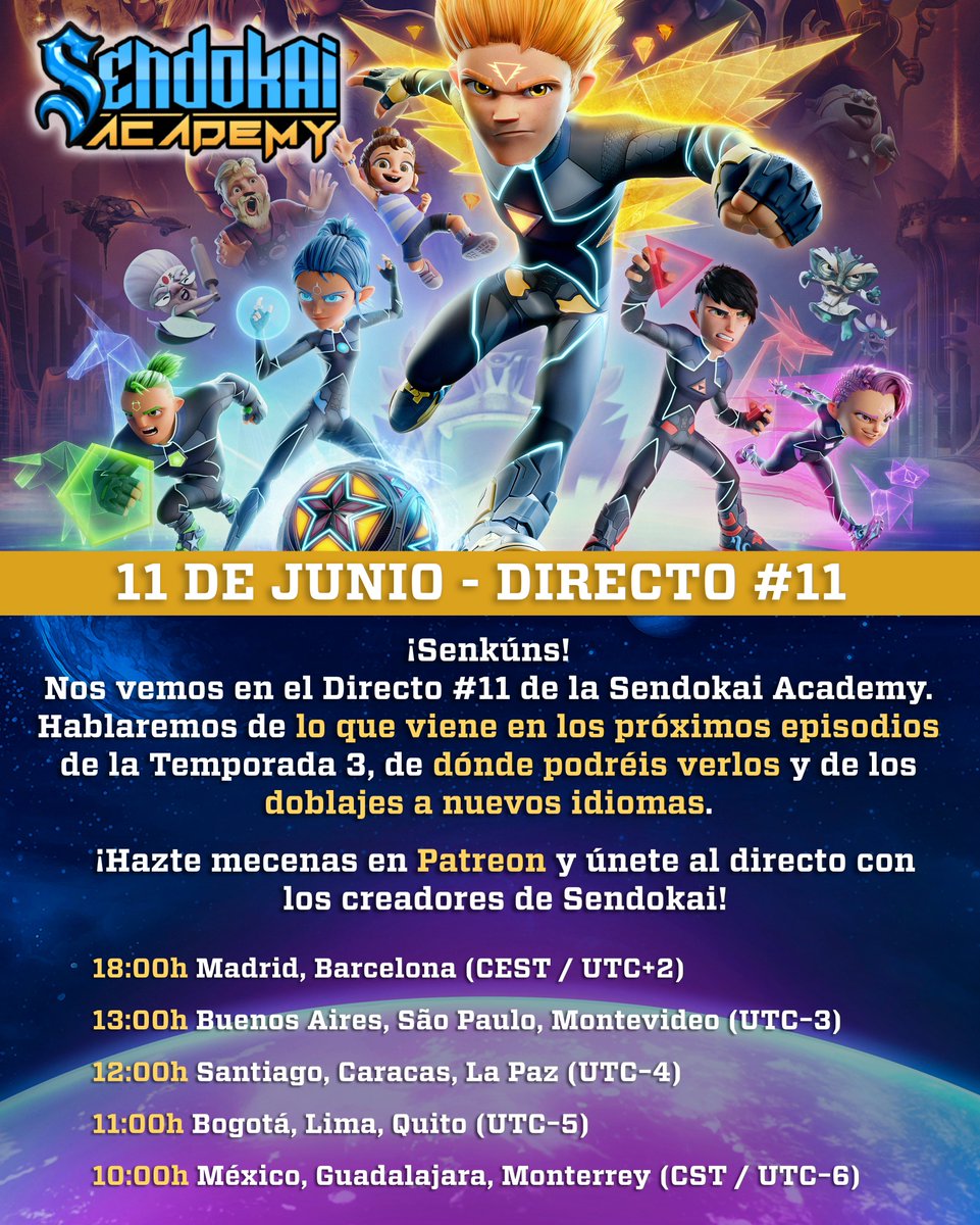 DCSendokai's tweet photo. 🎥 Directo #11, Senkúns. 11 de junio.
Hablamos en vivo con los creadores sobre lo que viene en T3, nuevo lore, próximos episodios, dónde verlos y doblajes a nuevos idiomas. 👀

Para verlo en directo: hazte mecenas en Patreon.

#VuelveSendokai #Sendokai3 https://t.co/4Xiv9YYeKr