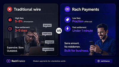 UseRachhq's tweet photo. An international wire transfer costs businesses an average of 5–8% in fees.

A stablecoin transfer on Rach costs a fraction of that.

The math isn't complicated.

#RachFinance #CrossBorderPayments #Stablecoins https://t.co/No99KBSRG9