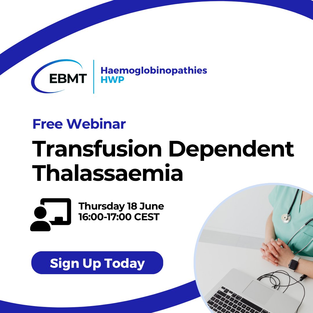 TheEBMT's tweet photo. 💡 Join the HWP Webinar on Transfusion Dependent Thalassaemia to gain a comprehensive and global perspective on TDT management and future directions.

Mark your calendar and save your spot:
🗓️ Thursday 18 June from 16:00-17:00 (CEST) 🔗https://t.co/J2tjkiVKiw

#thalassemia #patientcare