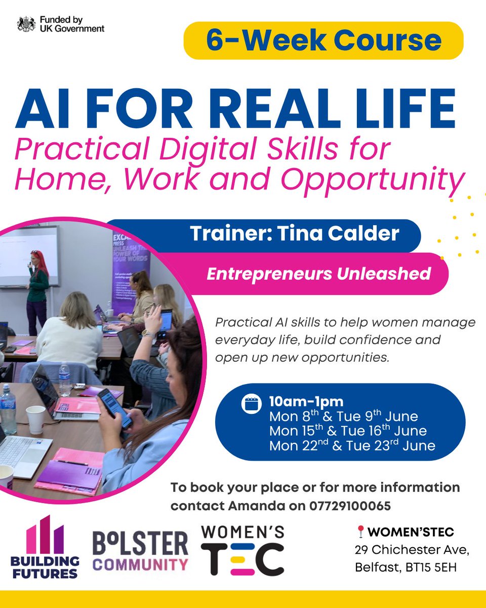 ExcaliburPress's tweet photo. We’re delighted that @TinaCalder will be delivering AI for Real Life with @womenstec.

This practical programme will help women build confidence using AI tools to support everyday life, work, self-employment and future opportunities.

#EntrepreneursUnleashed #AIForRealLife https://t.co/GMX0GKAElQ