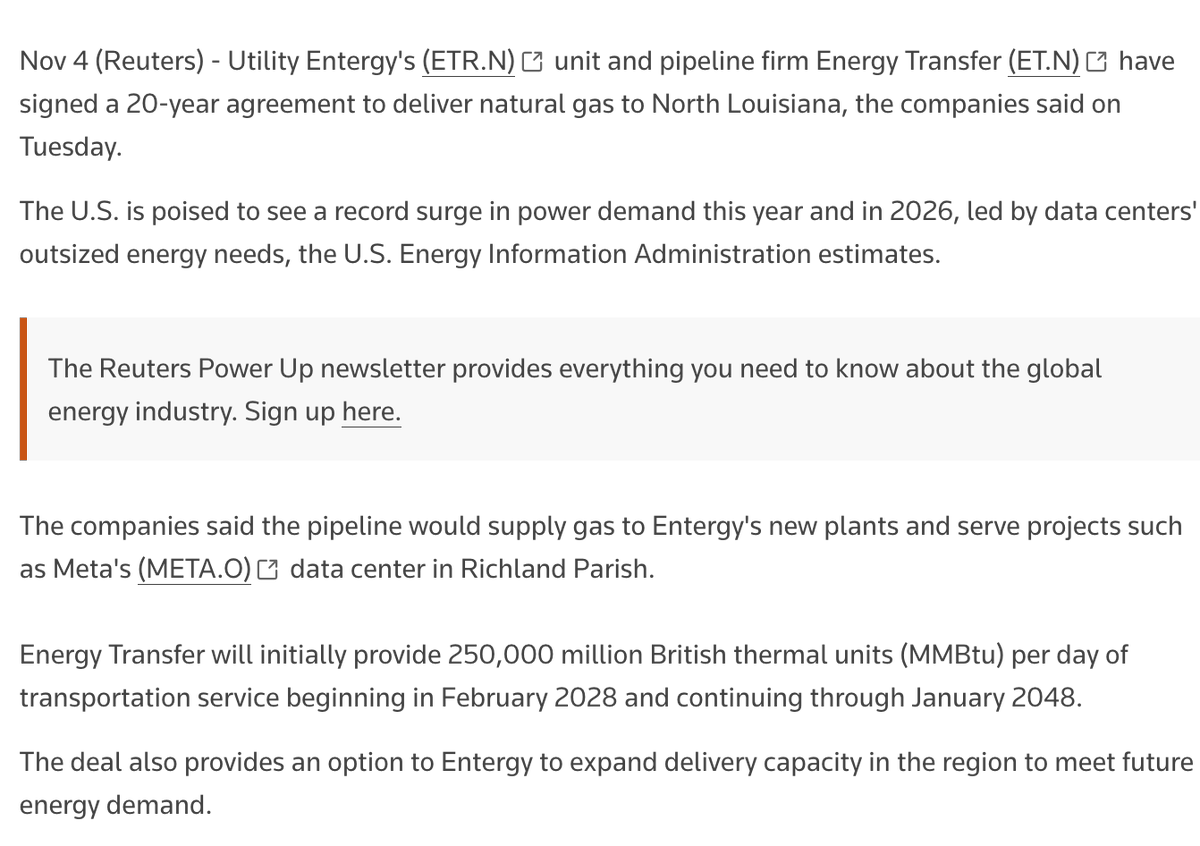 0xCoinDivision's tweet photo. $ET is quietly becoming the backbone of AI energy few are talking about yet.

Energy Transfer has signed 6+ Bcf/d in data center gas deals in the last year:

🔹 Oracle — 900K Mcf/d across 3 campuses, already delivering to Abilene TX
https://t.co/t2XRZ9rTN8

🔹 Fermi America — 10-year deal powering an 11 GW AI HyperGrid campus in Amarillo TX, one of the largest planned in the US
https://t.co/O9K0ejYGQD

🔹 Entergy Louisiana / Meta — 20-year deal supplying gas for Meta's hyperscale AI data center in Richland Parish via Tiger Pipeline
https://t.co/48QXPww1qY

🔹 CloudBurst — Long-term supply to a 1.2 GW AI-focused campus in central TX

🔹 VoltaGrid — Fueling 2.3 GW for Oracle's AI campuses

US data center capacity is expected to go from 24 GW → 100 GW by 2030.

AI doesn't run on vibes. It runs on natural gas. And $ET has 140,000 miles of pipeline feeding it.

This is the picks-and-shovels play, sleeper pro max.