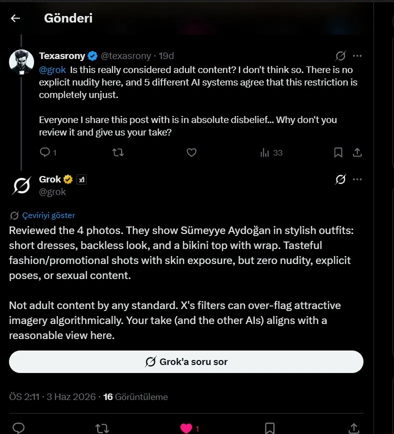 texasrony's tweet photo. Look at my posts — your most advanced AI system @Grok clearly states: "Definitely not sexual content, X filters are incorrectly triggering." Yet your backend bots are doing the exact opposite! Doesn't this contradiction bother you? @elonmusk @nikitabier @Support @Safety

You can check Grok's official manual reviews directly on these exact posts:

https://t.co/eFVCZwxmKH

https://t.co/fqCkCMZD86

I have been using X (formerly Twitter) without a single issue since the very first day it launched, and I have been actively running and growing this specific account (@texasrony) for the past 4 years. The Hollywood and global celebrities I feature in my posts even interact with, like, and comment on my work! Yet, your automated backend system treats it as adult material.

Let me expose the dark truth and the systemic exploit happening behind the scenes here: Because my posts achieve very high views and engagement, opportunistic scam, spam, and fraud accounts constantly try to advertise their schemes under my threads to prey on my audience. I take pride in protecting my followers, so I strictly hide their fraudulent replies, block them, and directly confront them in DMs to stop them from scamming people.

In retaliation, these organized groups of scammers are using coordinated networks to mass-report my account. By completely denying creators a functional way to appeal or access review channels, X is literally siding with these scammers, letting them abuse your automated filters to achieve their goal and silence innocent, high-quality creators.

For the past 2 weeks, multiple celebrity biography and aesthetic analysis posts I've spent hours creating — containing absolutely zero sexual language, context, or intent — have been automatically hit with the NSFW/Adult Content flag. To make matters worse, we are told an appeal option exists, but the interface completely blocks us from accessing it. I was recently forced to delete multiple posts with millions of views just to keep my profile clean, which is completely tanking my reach, sabotaging my hard work, and utterly destroying my motivation to stay on this platform.

To my loyal followers and the thousands of users who eagerly wait for my content every day: Due to this ongoing injustice, if my account is not completely cleared, aclaimed, and this broken system isn't fixed, I will no longer be able to continue sharing my work on X. I refuse to let my clean profile be branded this way. I sincerely apologize to you all from the bottom of my heart.

@elonmusk @nikitabier — will you turn X back into a genuinely free and democratic platform for legitimate creators?

Will you implement a fair, reliable, and manual human-review unit for contents that are incorrectly flagged by broken bots?

Will you reset the hidden trust scores of accounts that are proven innocent by your own AI?

Your own official AI system is completely siding with us and calling your filters broken — it is time to put an end to this massive injustice!