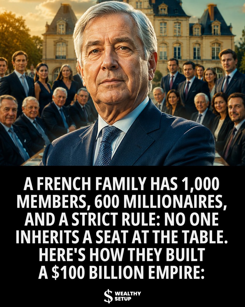 selfelevating's tweet photo. A FRENCH FAMILY HAS 1,000 MEMBERS, 600 MILLIONAIRES, AND A STRICT RULE: 

No one inherits a seat at the table. 

Here's how they built a $100 BILLION empire: 

- THREAD 🧵 https://t.co/stDSnCMOjD