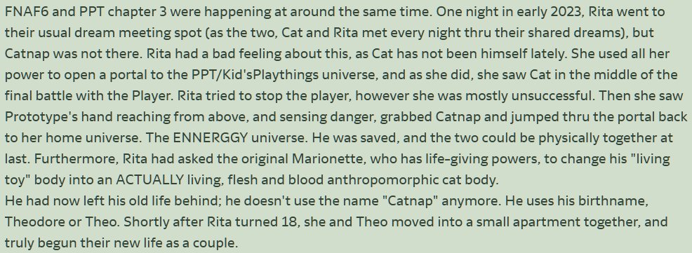 Brot_Day's tweet photo. One of my DA followers mentioned Theo/Catnap and Rita, and I realized I haven't shared much of their lore yet. So, here's a little about their story (and a post-FNAF6 redesign!)
#art #lore #crossover #fnaf #securitypuppet #catnap #ENNERGGY https://t.co/k1PnYEOLuH