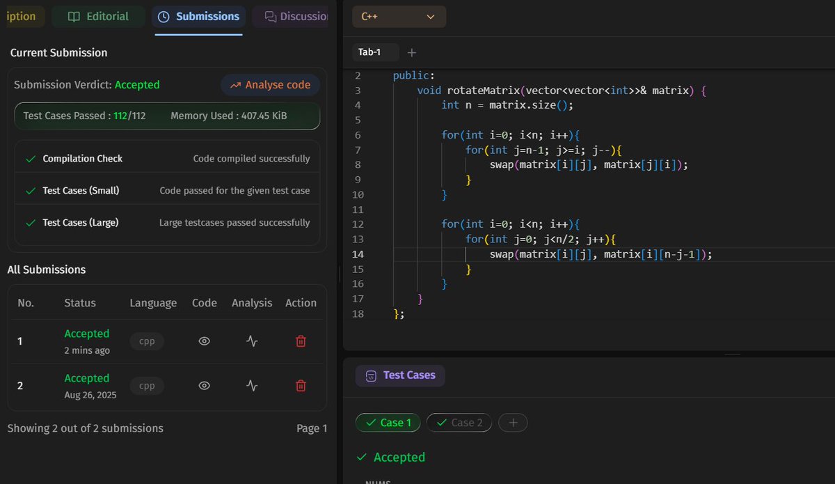 JustCoding01's tweet photo. Day 3
#SDESheetChallenge
Done ArrayII Problems
✅Rotate matrix by 90 deg: transpose + reverse O(n*n) ✅Merge Overlapping Subintervals: sort + merge O(nlogn) 
✅Merge 2 sorted arrays w/o extra space: by comparing elements O(n+m)
@takeUforward_ @striver_79
#DSA #45DaysOfCode https://t.co/qWAhhLZNCh