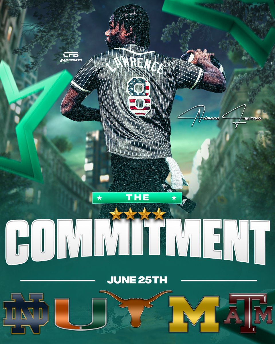 TomLoy247's tweet photo. BREAKING: Elite 2028 QB Neimann Lawrence names 5 finalists and sets a commitment date.

Finalists: Notre Dame, Miami, Texas, Michigan, Texas A&M

Commitment: June 25

VIP Story: https://t.co/EfJfVQvoW4

* DM @CfbRalb for all graphics and edits! *

@247Sports . @NEIMANLAWRENCE1
