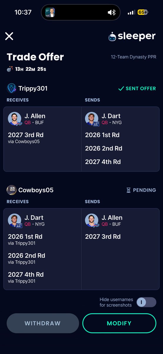 TeflonTrippy's tweet photo. @JeffRatcliffe here is a trade i created in my dynasty league. Remember i showed that i gave 3 2nd and 3 3rd round picks. Im the guy on top. https://t.co/REdq6cYGs9