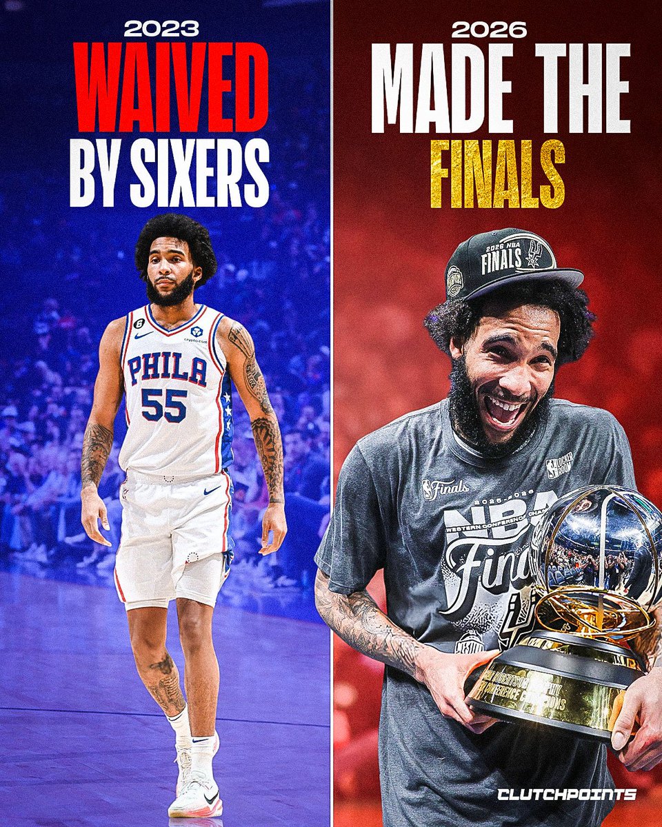 SpursNationCP's tweet photo. Julian Champagnie got waived in 2023.

His reaction?

"I thought it was over. I ain't gonna lie to you."

Now he's in the NBA Finals.

The Spurs gave him a chance.
Julian did the rest.

From wondering if his career was finished...

To being 4 wins away from a championship. https://t.co/WyyH9J5FlW
