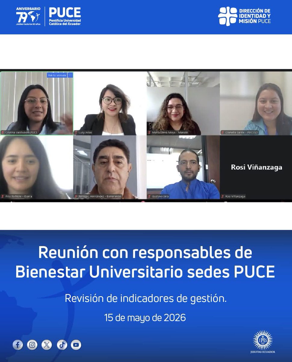 PUCEDIM's tweet photo. 🔝 El 15 de mayo de 2026 se realizó la reunión nacional de responsables de Bienestar Universitario de las sedes PUCE, con la participación de:

▶️ Ambato - Vanessa Yánez
▶️ Esmeraldas - Remigio Hernández
▶️ Ibarra - Priscila Nole https://t.co/KTjRVGMnsL