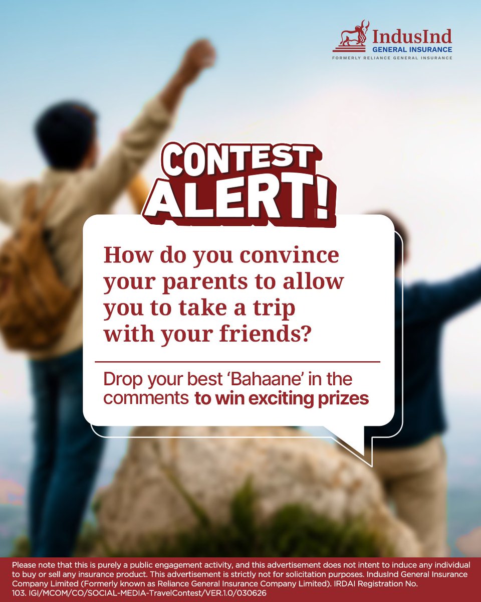 IndusIndGenIn's tweet photo. Follow the contest rules below and the best entries win exciting prizes.
* Like this post
* Follow IndusInd General Insurance
* Comment your funniest travel bahaana 👇

Entries valid till 10th June 2026 

#ContestAlert #TravelContest #IndusIndGeneralInsurance #ForwardTogether https://t.co/QJ1hW2216z