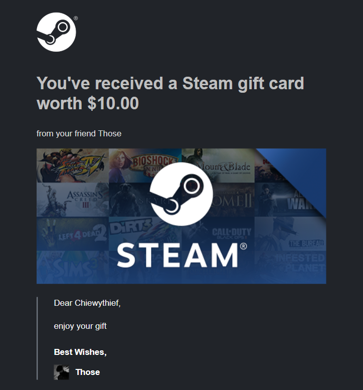 chiewy_thief's tweet photo. Thank you so much @ThoseTG for the Steam Gift Cardโค๏ธ A wonderful gift for my birthday coming soon!!๐บ
I totally forgot to take screenshot of the gift screen when it popped up.. sorry about that๐ญ
#ThoseVouch https://t.co/dyDx6Q1fWz