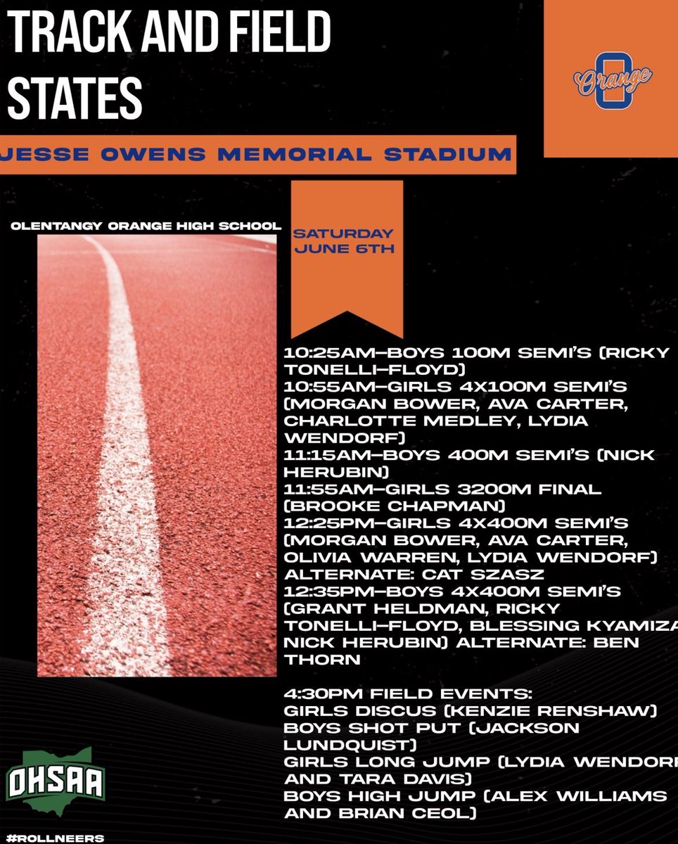 JetSetLife_25's tweet photo. We are 3 days out from the OHSAA Track and Field State Championships! Check the schedule and follow your Pioneers as they compete for the gold! 

Roll Neers🍊 https://t.co/LAXc3vvBo7
