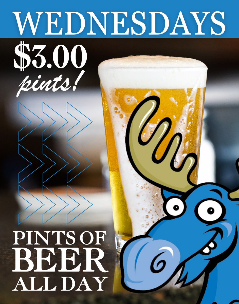 BlueMooseKC's tweet photo. The mid-week slump is real, but so is $3 Draft Wednesday at the Moose! 
We’re pouring all your favorite draft beers all day long for just $3. It’s the perfect excuse to  unwind. Pair your pint with one of our Smashburgers and you’ve got the ultimate Wednesday lineup. https://t.co/5imLHrdvYI