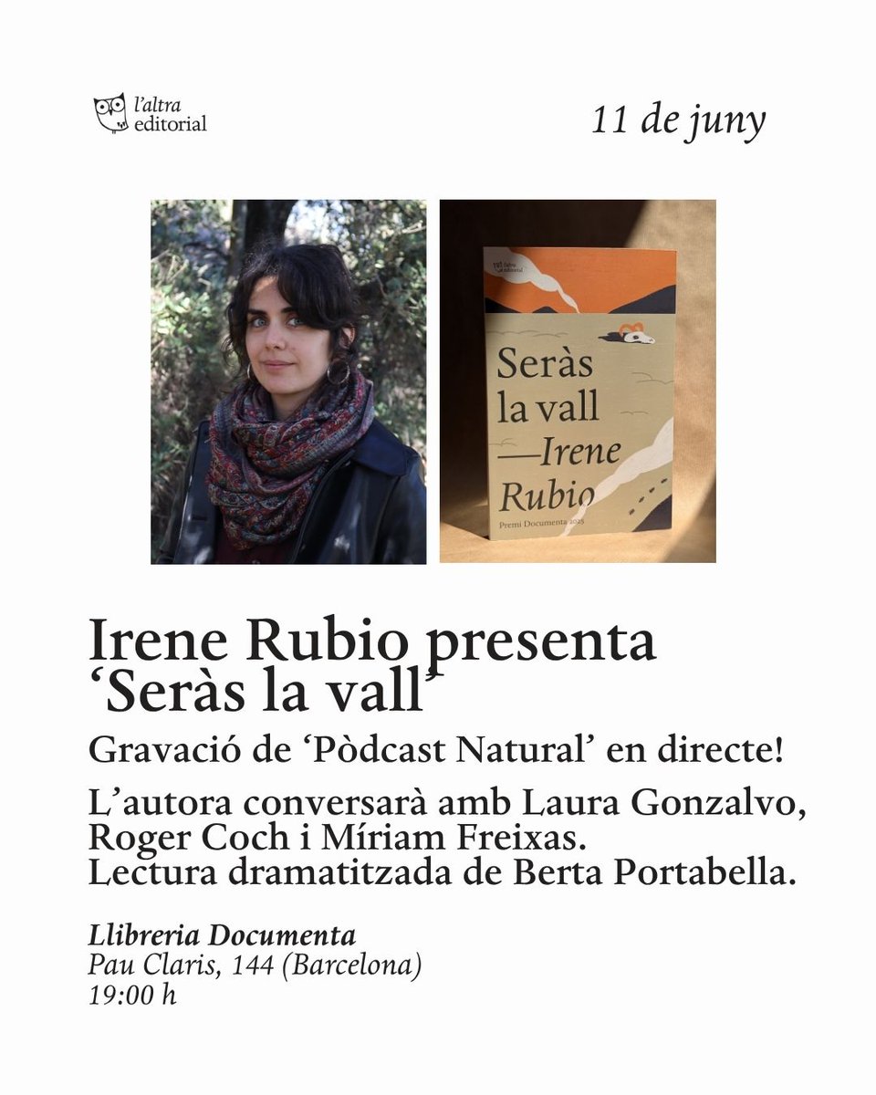 DocumentaBCN's tweet photo. Presentem l'actual Premi Documenta 2025 , el western distòpic "Seràs la vall", d'Irene Rubio.

🎙️Dijous 11 de juny, a les 19 h, us esperem a la llibreria: convertirem la Documenta en un estudi improvisat per gravar en directe un episodi del Pòdcast Natural.

No us ho perdeu! https://t.co/gsOYlTS1Wp