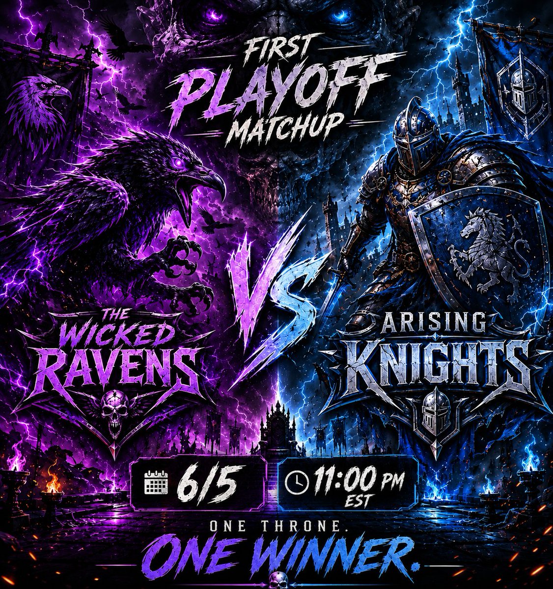 Casual_Kingdom's tweet photo. First playoffs match is scheduled!!! 🔥🔥🔥 the 3-2 Ravens take on the 0-5 Knights this Friday night!!! The Battle to the throne begins⚔️
#CoD @SgtSmith22 https://t.co/EElQTPOPxf